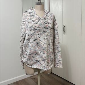 Cupio White Multicolor Woman's Knit Cozy Hooded Sweater Medium